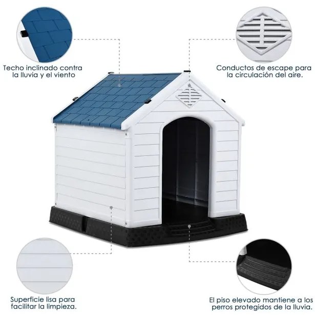 Casota de cão impermeável e ventilada e piso elevado para cães pequenos e médios Branco e azul 70 x 65 x 71,5 cm