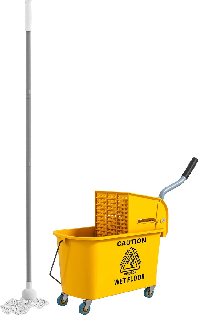 Carrinho de limpeza com esfregona lateral, balde de 20 L, pega e esfregona, 45 x 26,5 x 70 cm, amarelo