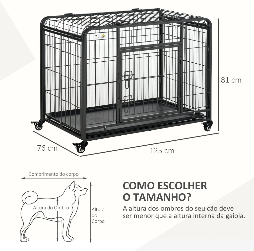 Gaiola dobrável de metal com rodas e freios Bandeja removível e porta com travas125x76x81 cm Cinza escuro