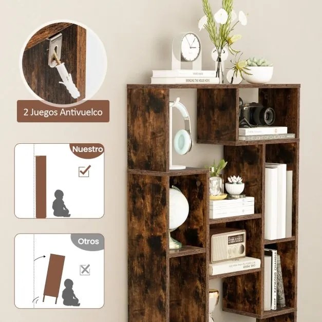 Estante geométrica aberta com kits antiderrapantes para sala de estar 70 x 20 x 120 cm castanho