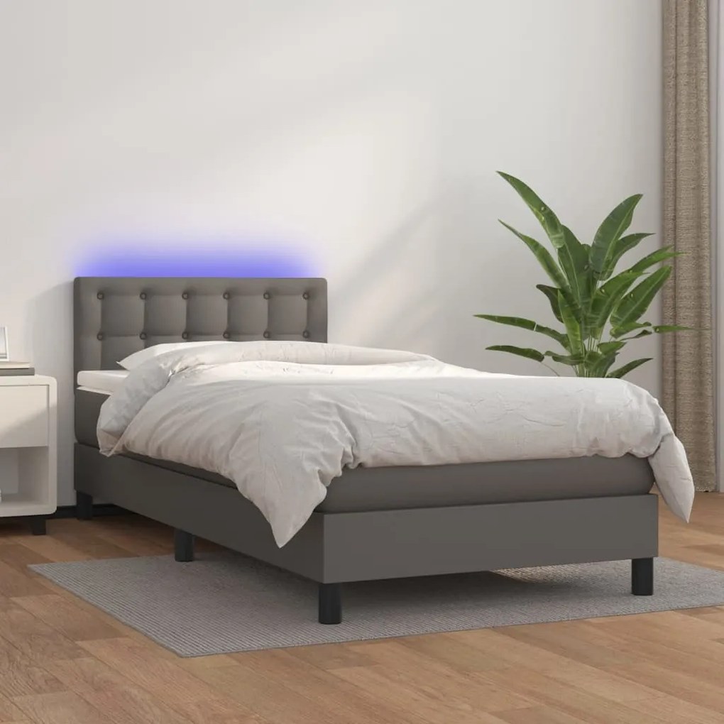 Cama box spring c/ colchão/LED 90x190 cm couro artificial cinza