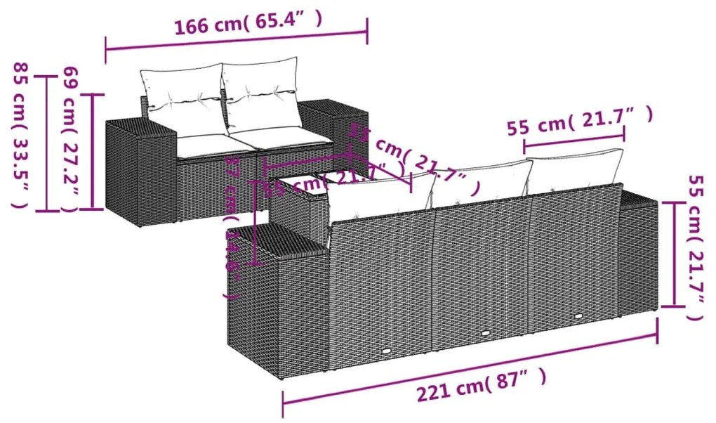 6 pcs conjunto sofás de jardim c/ almofadões vime PE preto