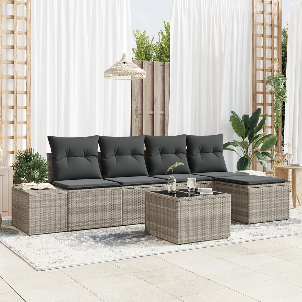 Conjunto de Sofá de Jardim de 6 Peças com Almofadas Cinza Rattan PE