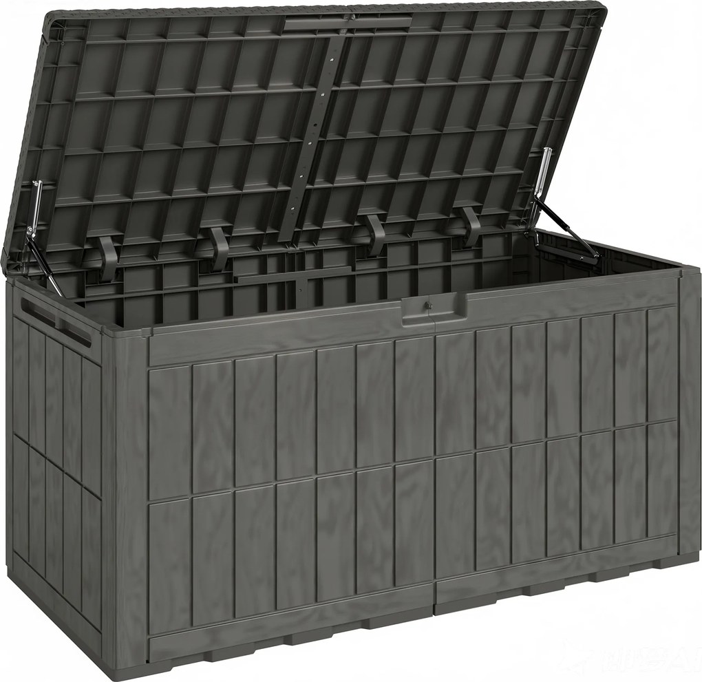 Outsunny Baú Exterior Capacidade 440 L em Resina Resistente à Água e aos Raios UV com Tampa Bloqueável 133x62x65 cm Castanho | Aosom Portugal