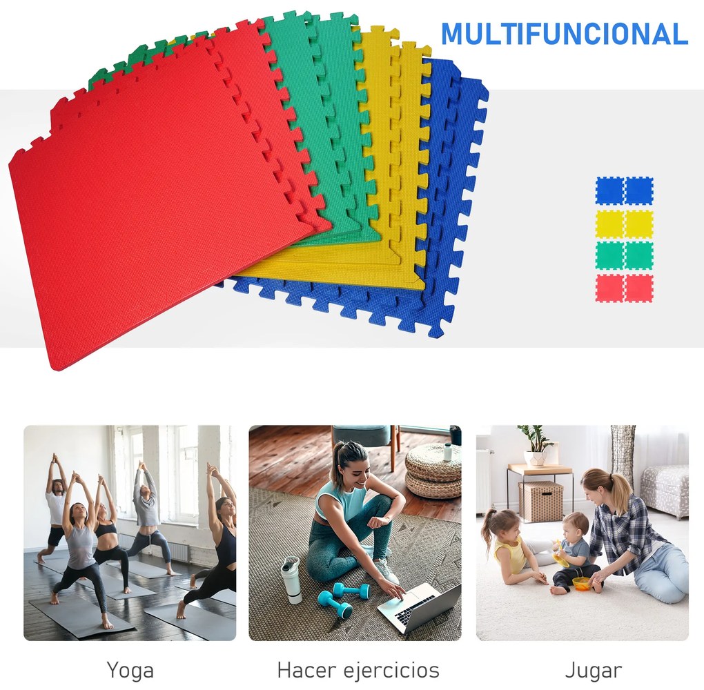 HOMCOM Tapete Puzzle com 8 Peças Tapete Protetor de Borracha EVA com Área de Cobertura de 2,88m² para Casa Academia Pilates 60x60x1,2cm Multicor