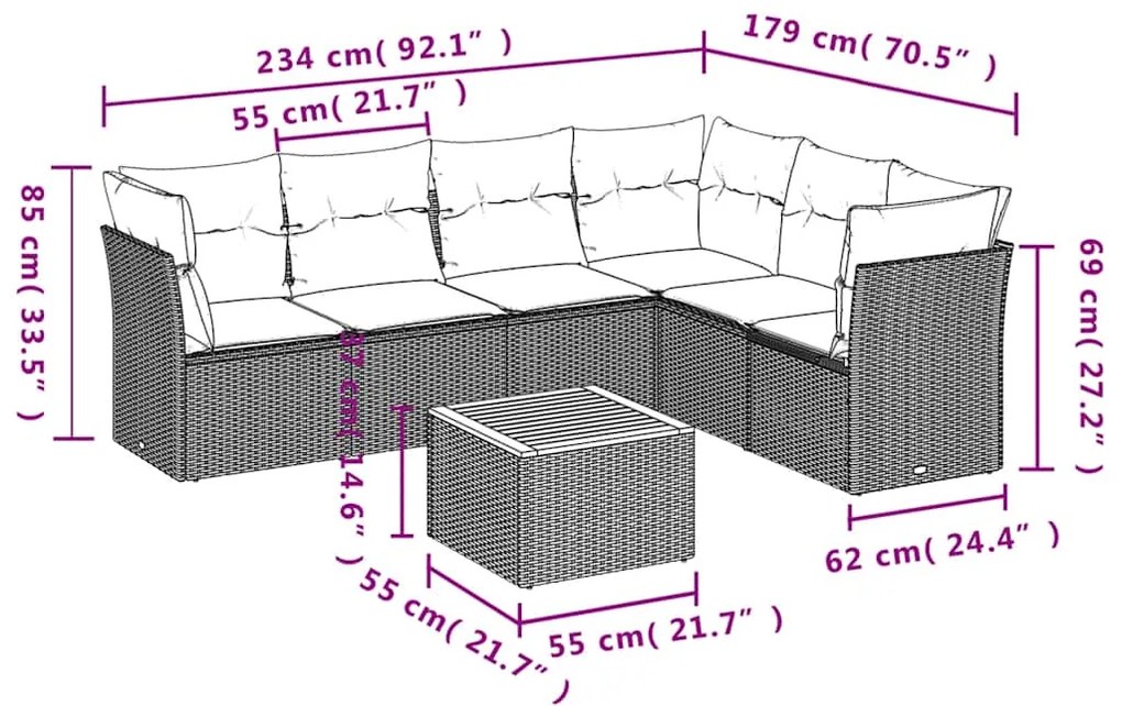 7 pcs conjunto de sofás p/ jardim c/ almofadões vime PE preto