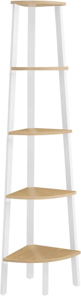 Estante de canto VASAGLE com 5 prateleiras, prateleira tipo escada, unidade de armazenamento, suporte para plantas para sala de estar, estilo industrial, com estrutura de aço, carvalho natural e branco fosco LLS035Y01