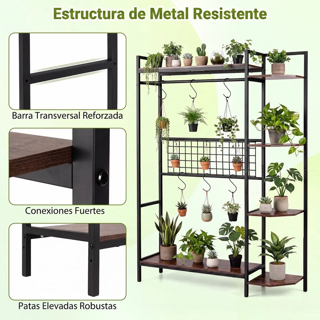 Estante de Arrumação e Bengaleiro Industrial, 113 x 29,5 x 156,5 cm, 6 Ganchos e 6 Prateleiras, Castanho+Preto