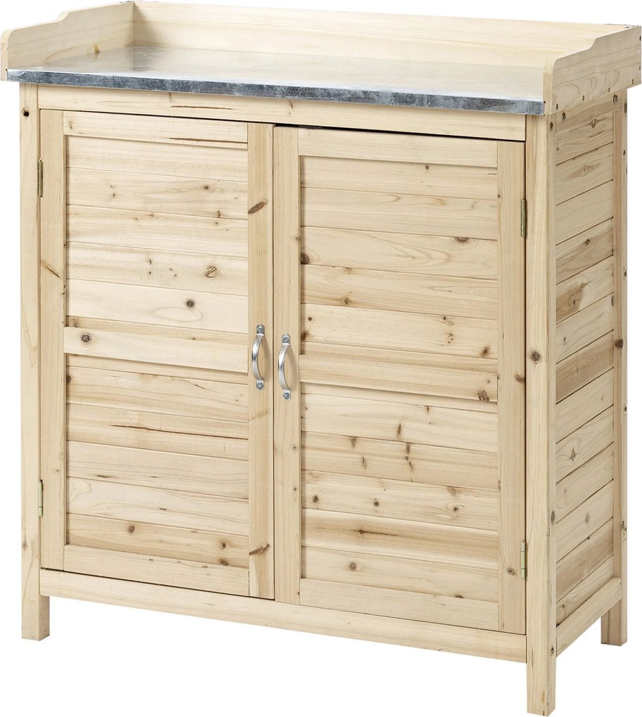 Outsunny Armário de jardim com 2 compartimentos, superfície de trabalho em metal com rebordo, Madeira natural, 83 x 40 x 92 cm | Aosom Portugal
