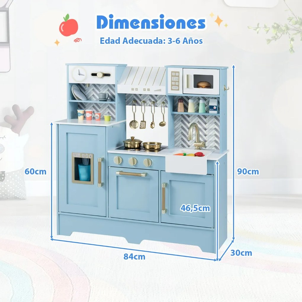 Cozinha de brincar para crianças 84 x 30 x 90 cm com fogão, torneira, pia, relógio, cafeteira, exaustor e micro-ondas azul