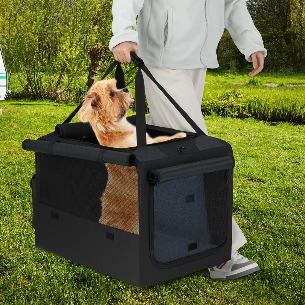 Saco de transporte dobrável e portátil Tamanho S - 80 x 65 x 42 cm para animais de estimação com 2 aberturas e janela Tapete macio Preto