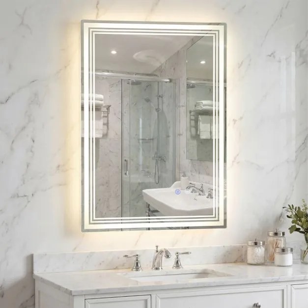 Espelho LED para casa de banho 70x50 cm antiembaciamento com memória, 3 luzes e controlo tátil prateado