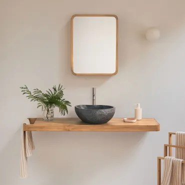 Conjunto De Móvel De Casa De Banho 130x45 Cm Suspenso Em Madeira De Teca Neill Madeira De Teca & Irregular Em Cimento - Sklum