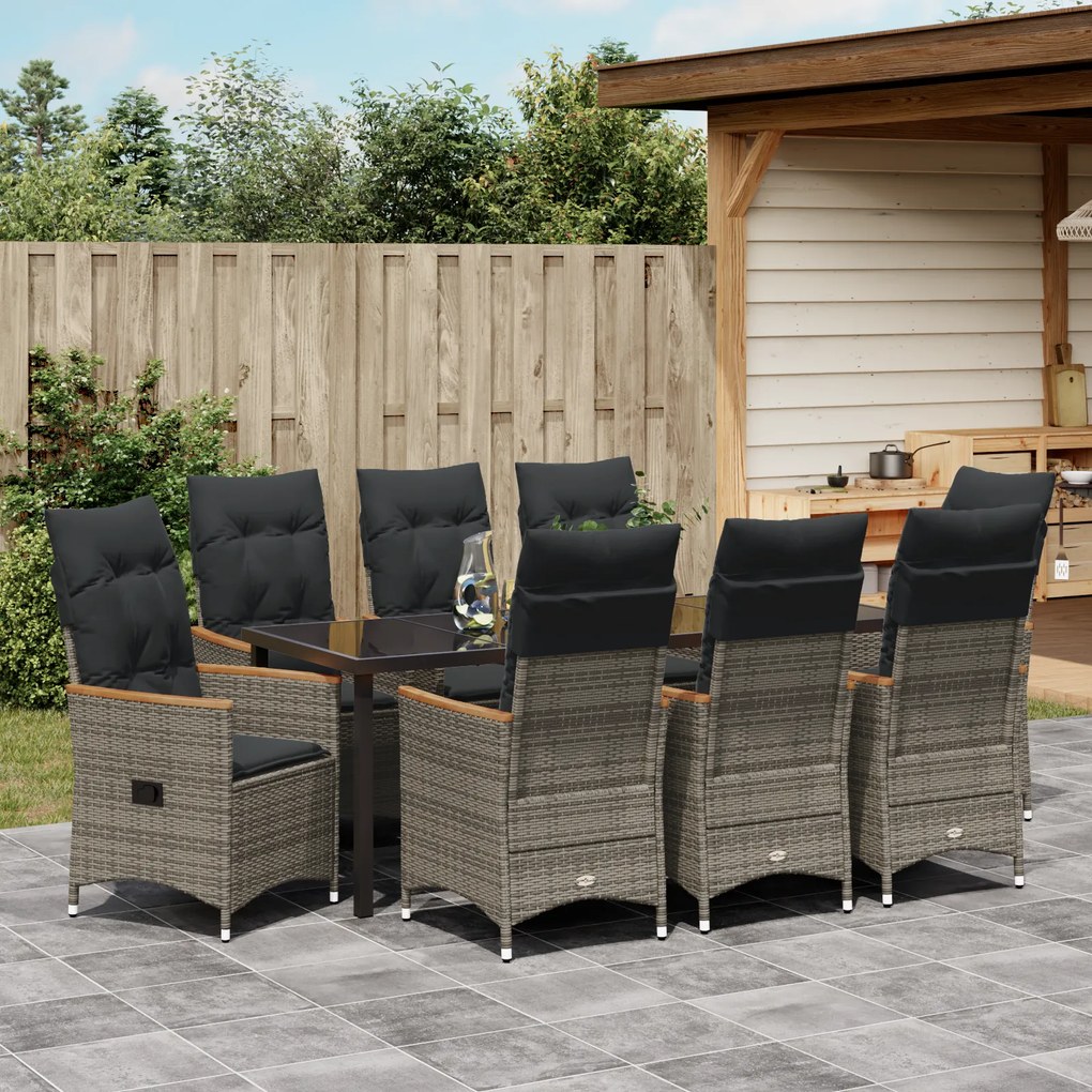 Conjunto de Jantar de Jardim 9 Peças com Almofadas Cinza Rattan Poli