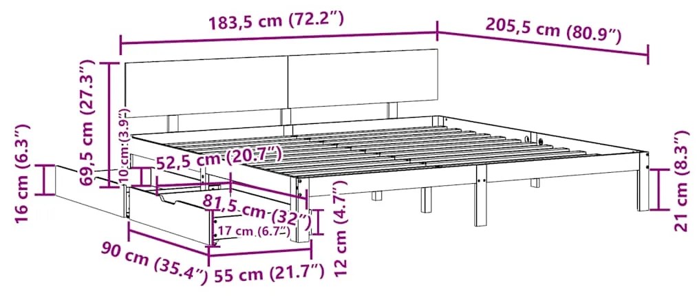 Estrutura de cama c/ gavetas 180x200 cm pinho maciça branco