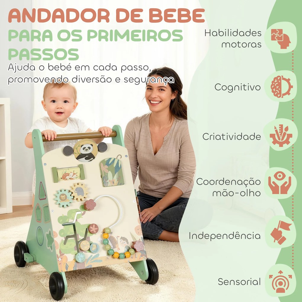 Andador de Madeira para Bebé Centro de Atividades de Aprendizagem Montessori com Controlo de Velocidade com Xilofone 33,5x36x46,8 cm Verde