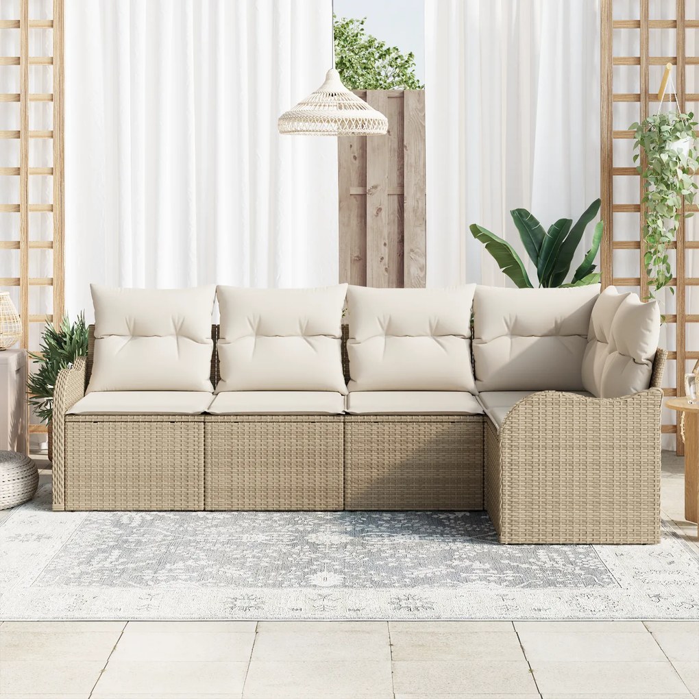 Conjunto de Sofá de Jardim vidaXL 5 Peças com Almofadas Bege Rattan Po