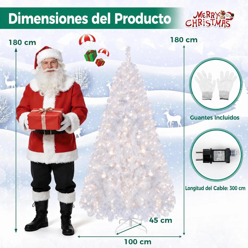 Árvore de Natal, 100 x 100 x 180 cm, Luzes LED Pré-instaladas, Branco