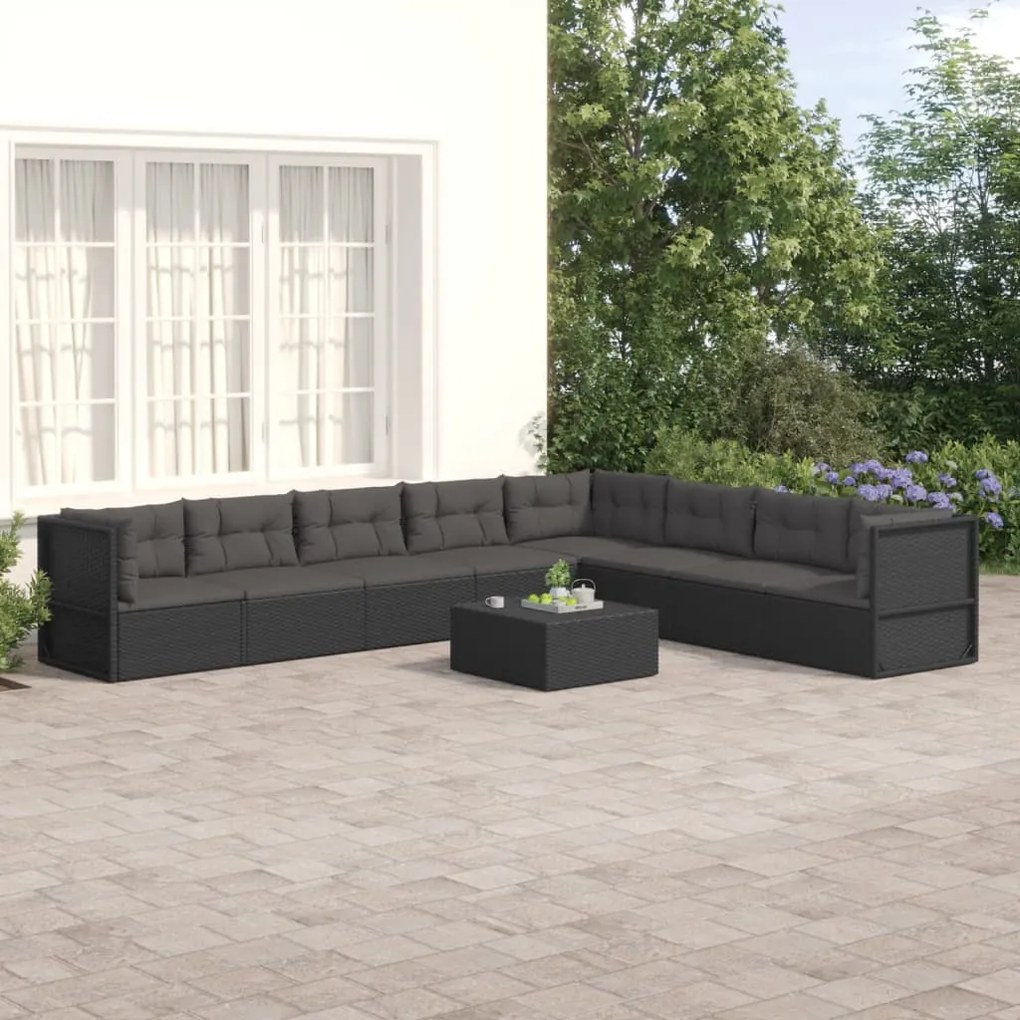 vidaXL 8 pcs conjunto lounge de jardim c/ almofadões vime PE preto