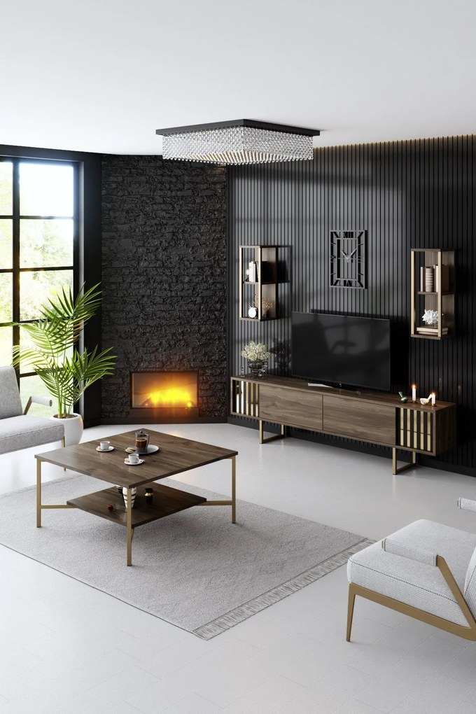 Mesa de Centro Gold Line – Nogueira/Preto – 80x80x40 cm