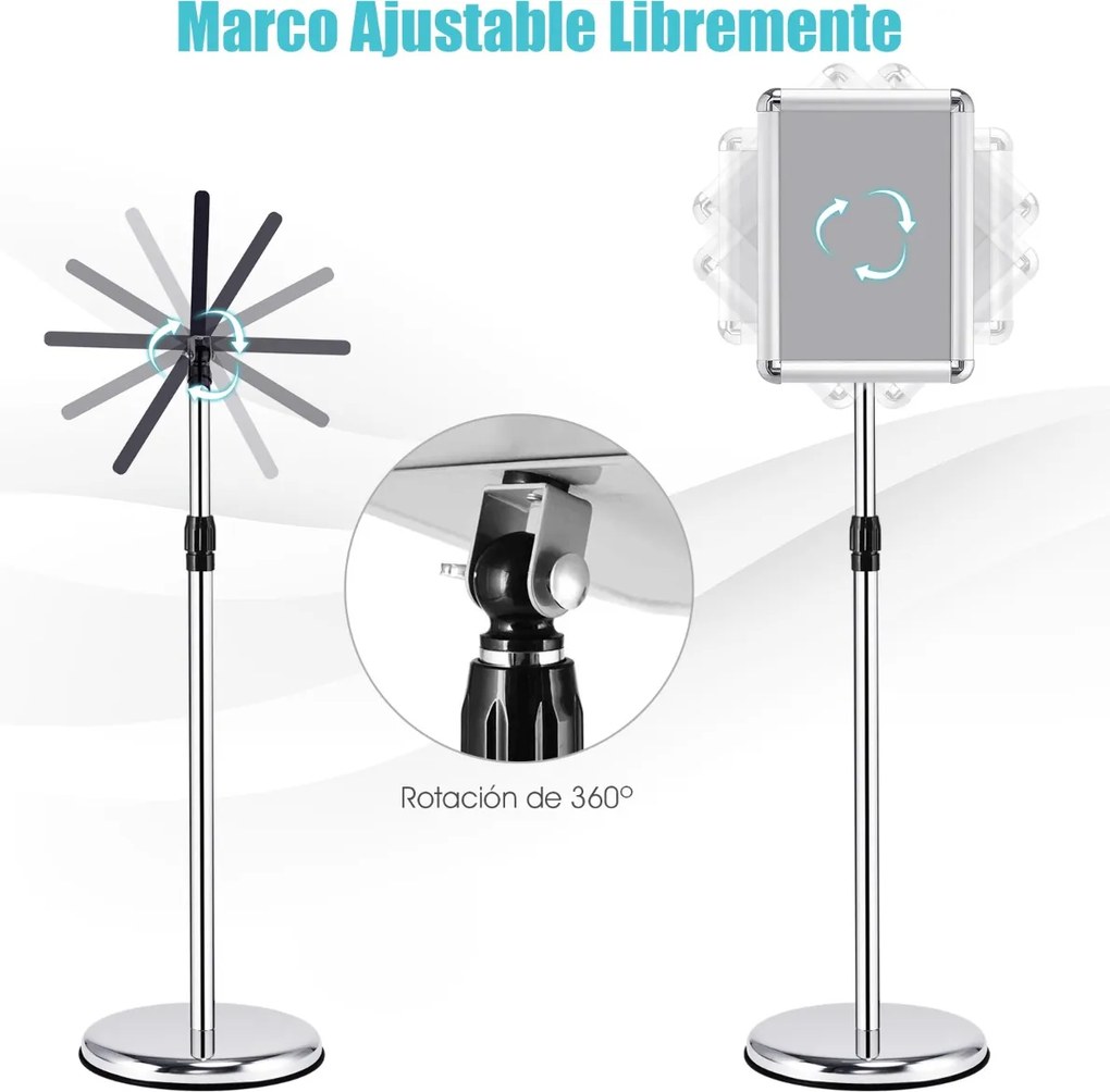Conjunto de 2 suportes de pé A4 para cartazes de metal, cartazes de quadro, menus, publicidade exterior, altura ajustável, giratório, prateado
