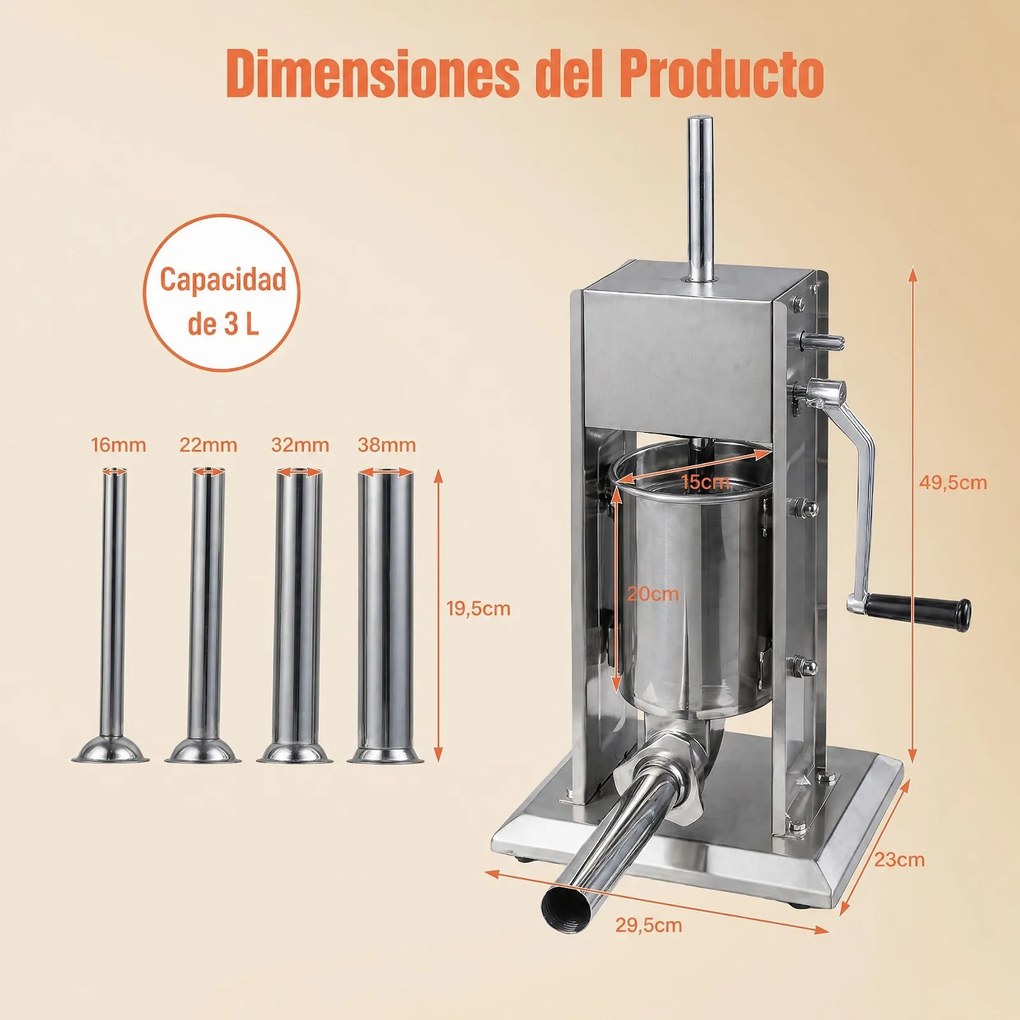 Enchedora Manual de Salsichas, 29,5 x 23 x 49,5 cm, Duas Velocidades, Prateado