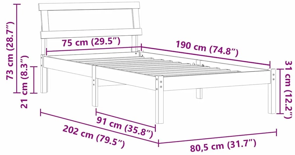 Estrutura da Cama Castanho-mel 75 x 190 cm Madeira de Pinheiro