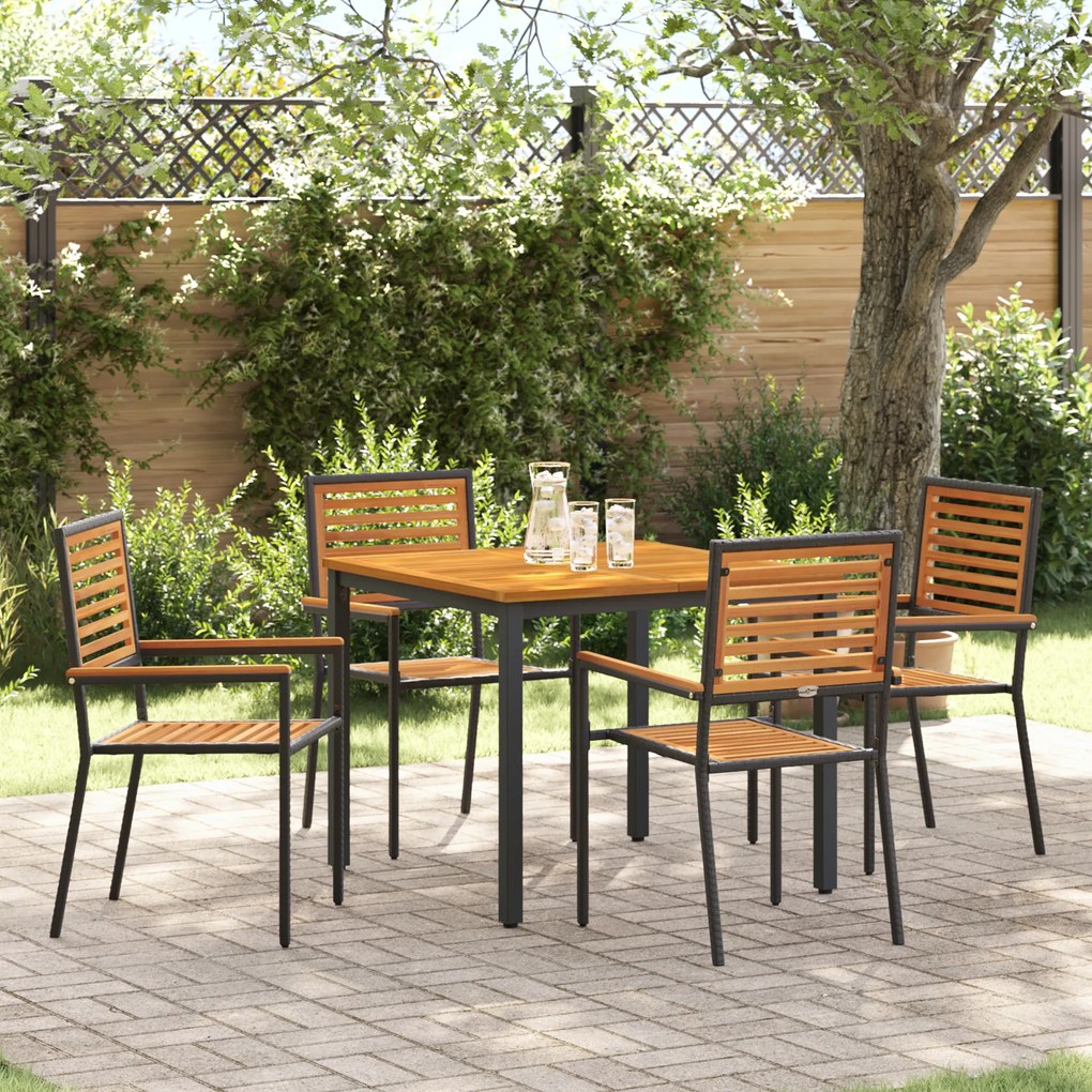 Conjunto de Jantar para Jardim de 5 Peças vidaXL Preto Polyrattan Acácia