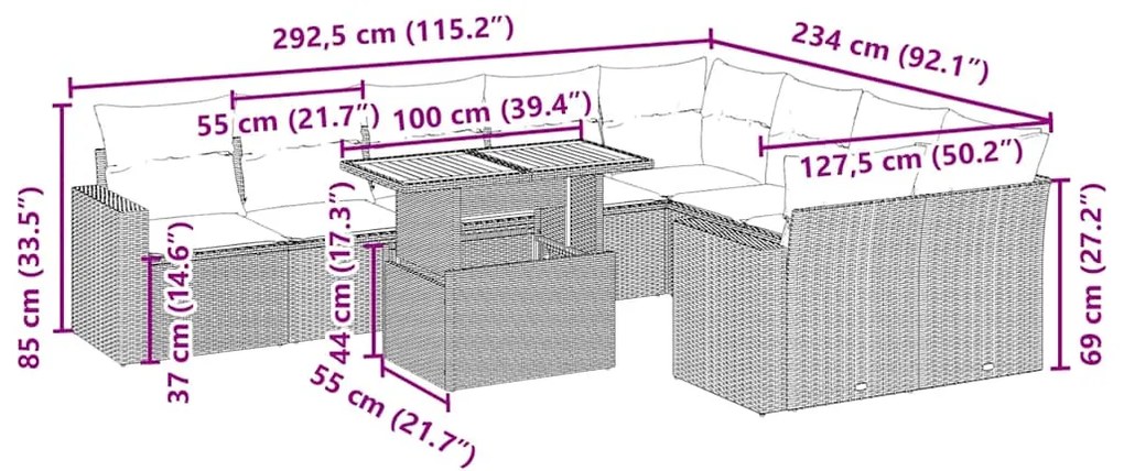 10 pcs conjunto de sofás p/ jardim com almofadões vime PE bege