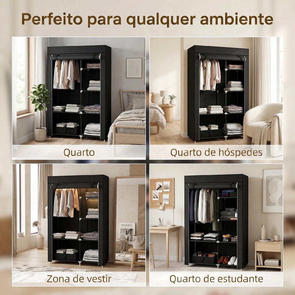 Guarda roupa de Tecido Dobrável com 6 Prateleiras e 1 Barra de Pendurar para Dormitório Vestidor 103x43x162,5 cm Preto