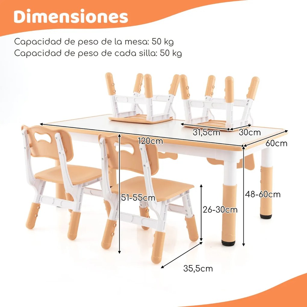 Conjunto de mesa para crianças e 4 cadeiras mesa regulável em altura com superfície de graffiti multifunções para arte e estudo Natural