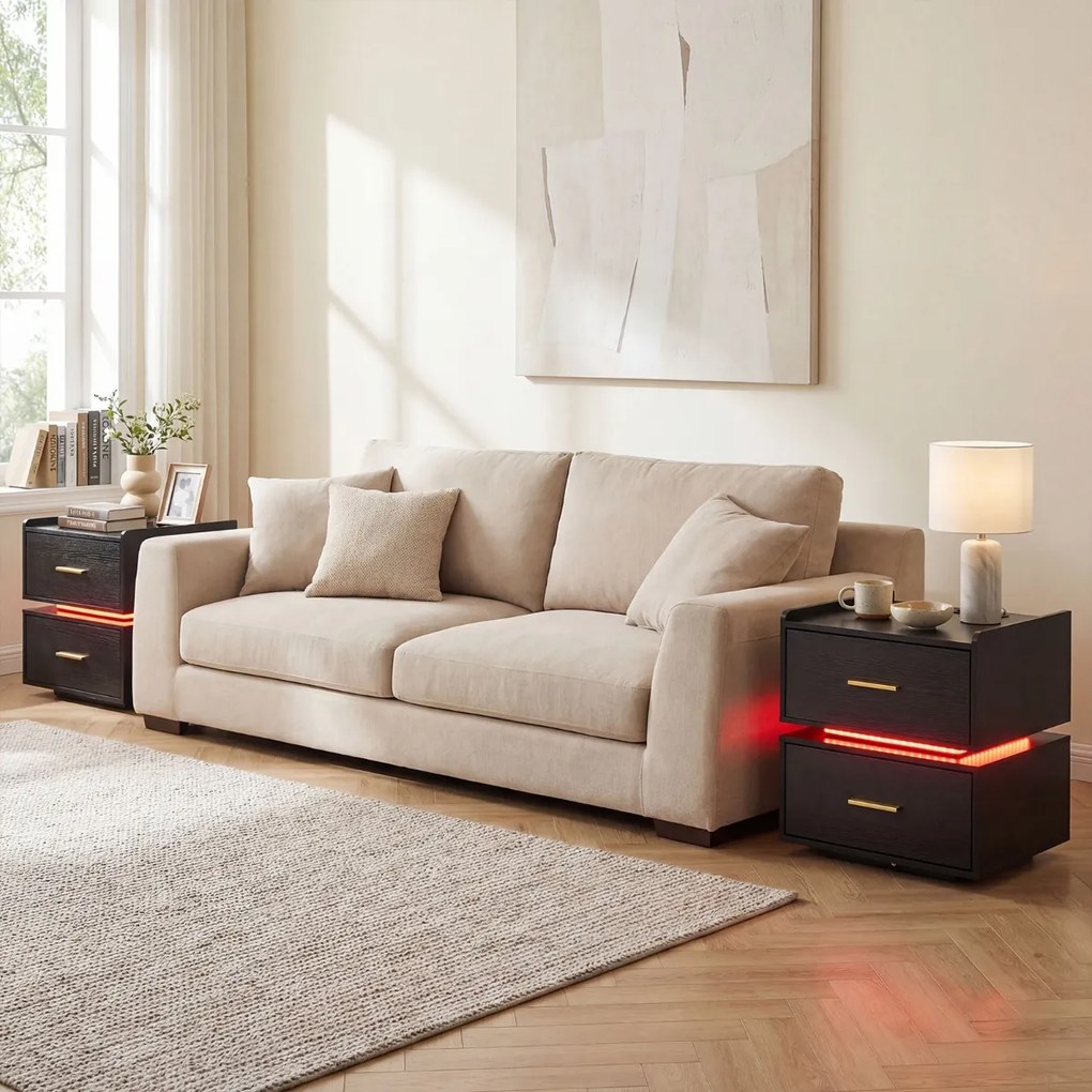 Conjunto de 2 mesas de cabeceira com estação de carregamento LED 45 x 40 x 48 cm, 2 gavetas, arrumação semi-suspensa e base metálica para sala ou quar