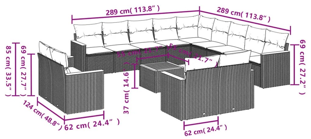 14 pcs conjunto de sofás p/ jardim com almofadões vime PE bege