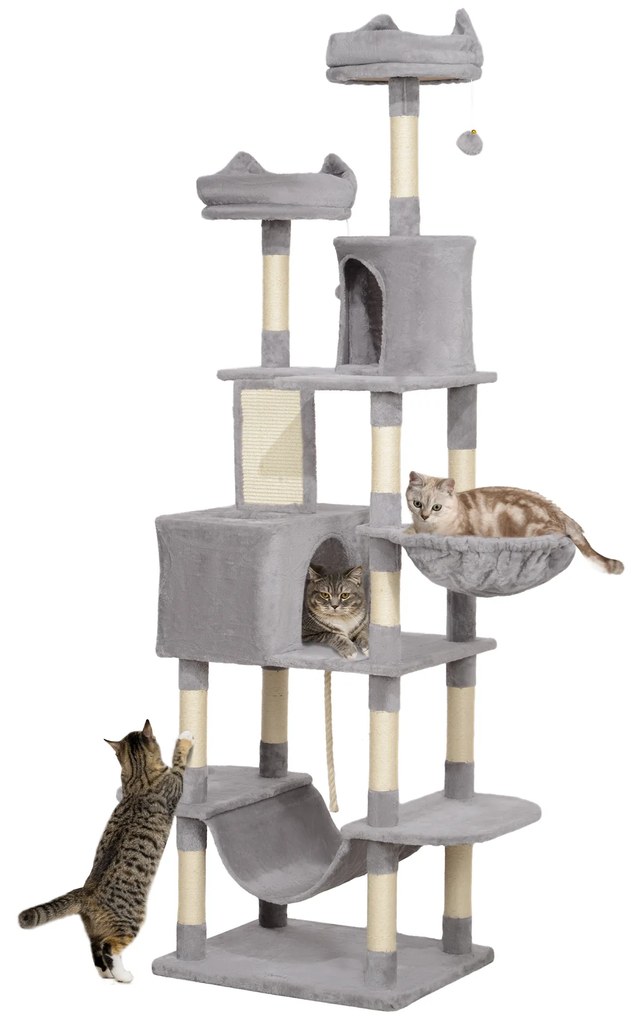 Arranhador para Gatos Grande Altura 173 cm Torre para Gatos com Plataformas Caverna Bolas Suspensa e Rede Cinza Claro