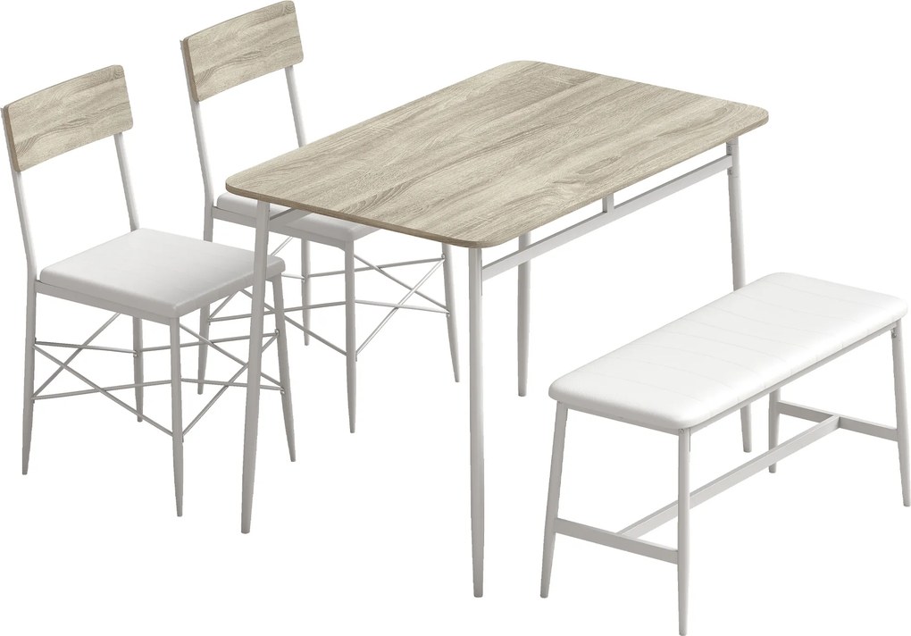 HOMCOM Conjunto Mesa de Jantar com 2 Cadeiras e Banco, Assentos Estofados, para Sala, Pequenos Espaços, Carvalho e Branco | Aosom Portugal
