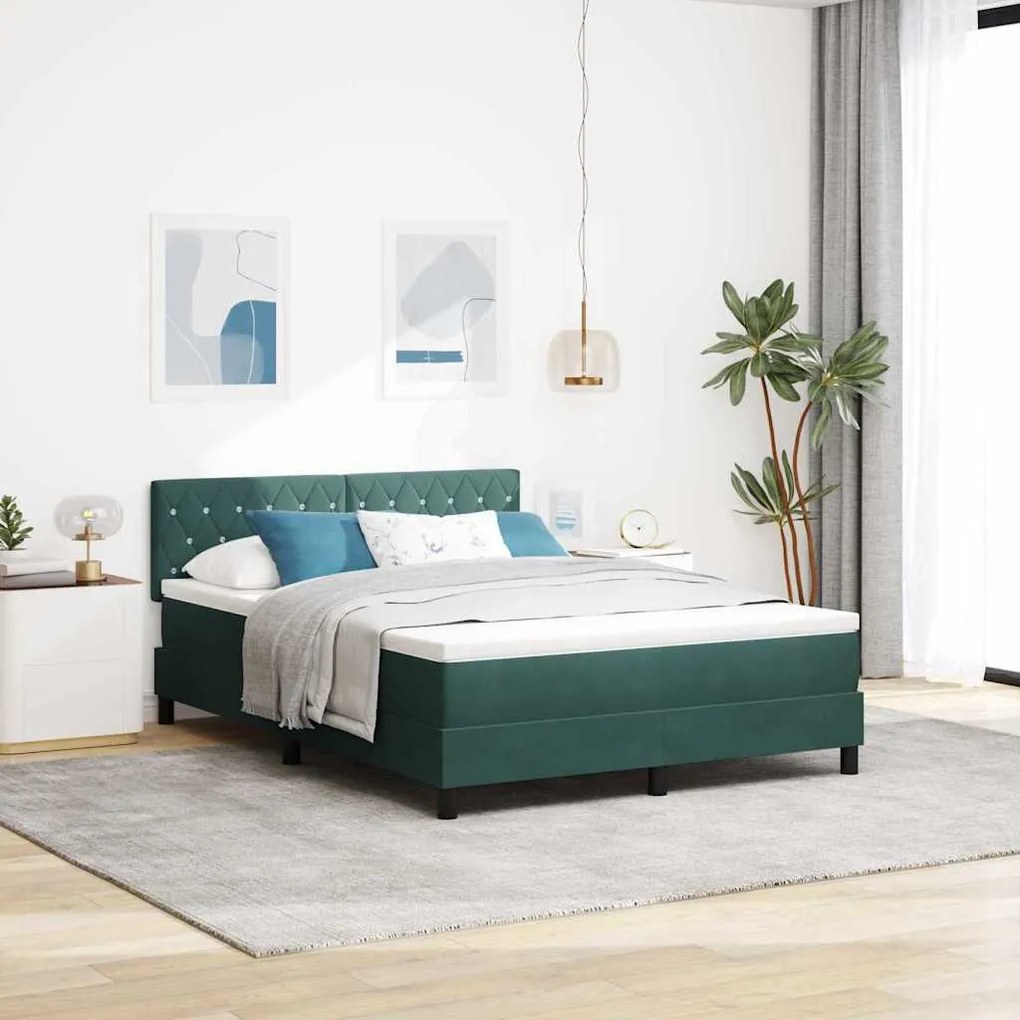 Cama Box Spring com Colchão e LED Verde Escuro 140x200 cm Veludo