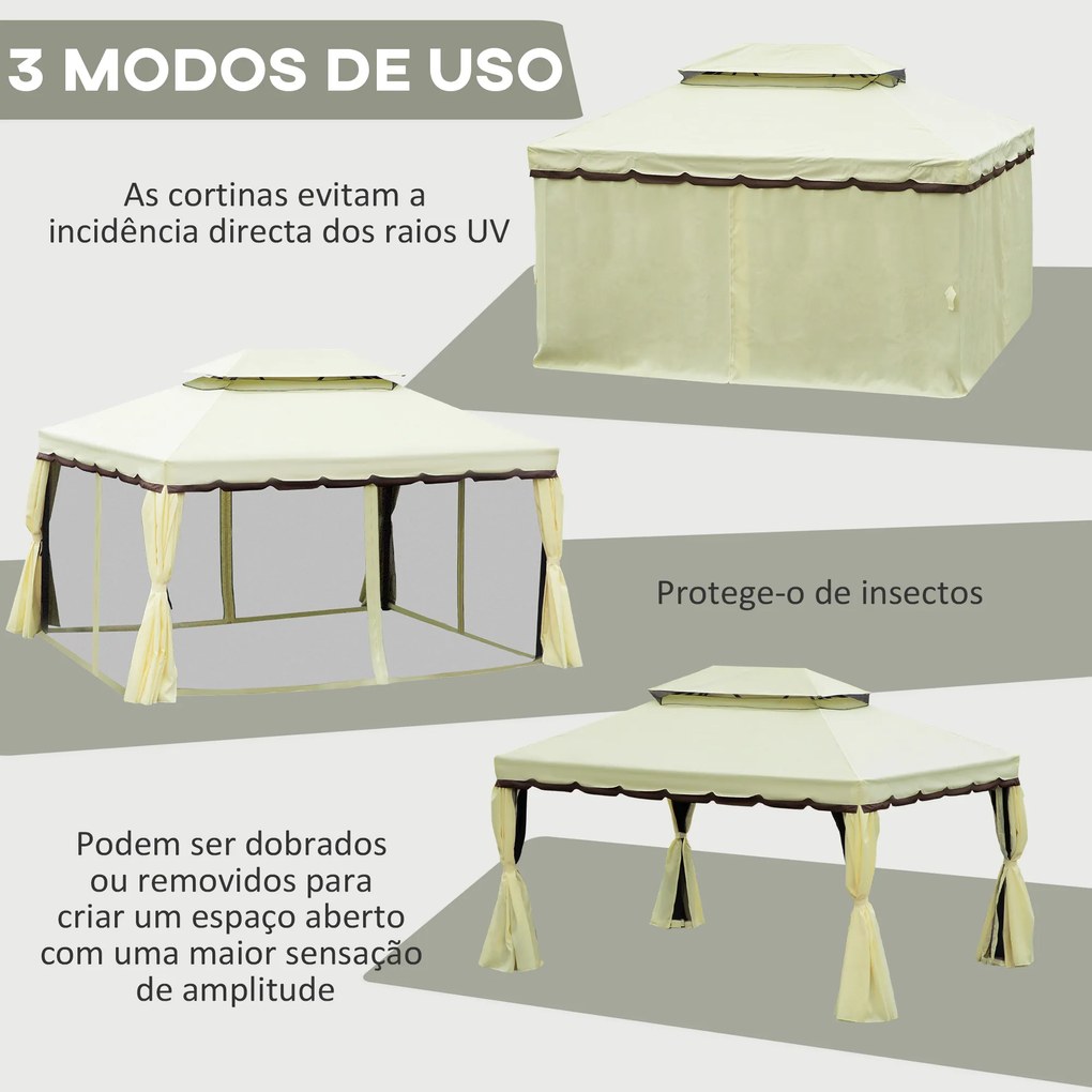 Outsunny Pérgola de Jardim 4x3m Pérgola de Alumínio com Teto com Ventilação 4 Cortinas Laterais 4 Telas Mosquiteiras e 8 Orifícios de Drenagem para festas Eventos Exterior Creme