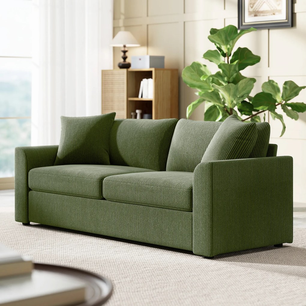 Sofá de 3 Lugares Sofá Sala de Estar 212x80x88 cm Estofado em Veludo Canelado com 2 Almofadas  Desenho Moderno Verde