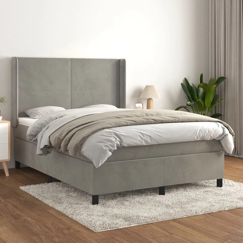 vidaXL Cama com molas/colchão 140x190 cm veludo cinzento-claro