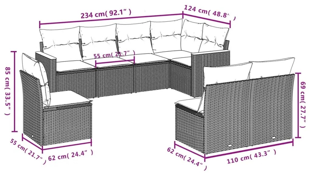 8 pcs conjunto sofás de jardim c/ almofadões vime PE cinzento