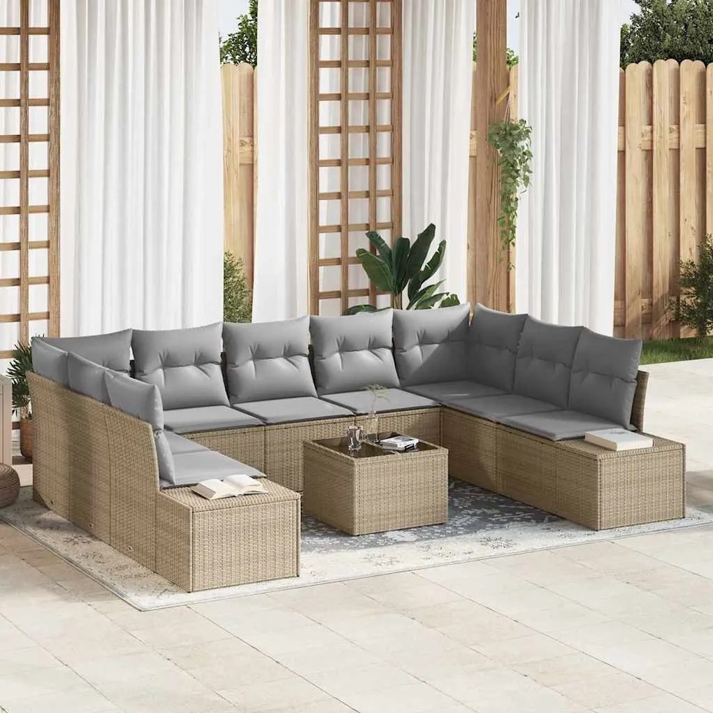 vidaXL Conjunto de Sofá de Jardim de 10 Peças com Almofadas Pretas em Rattan Sintético.