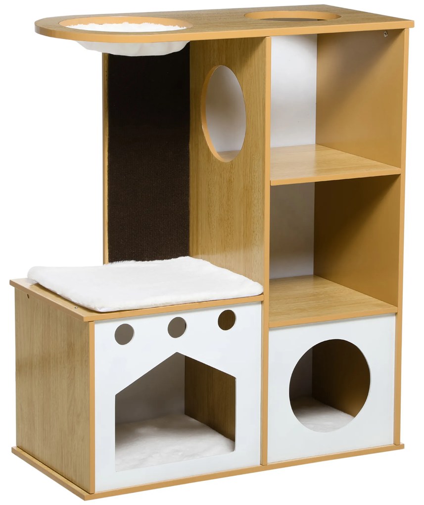 PawHut Casa para Gatos de Madeira com 2 Cavernas Arranhador Rede e Almofadas de Pélucia 76x37x92,5 cm Carvalho e Branco