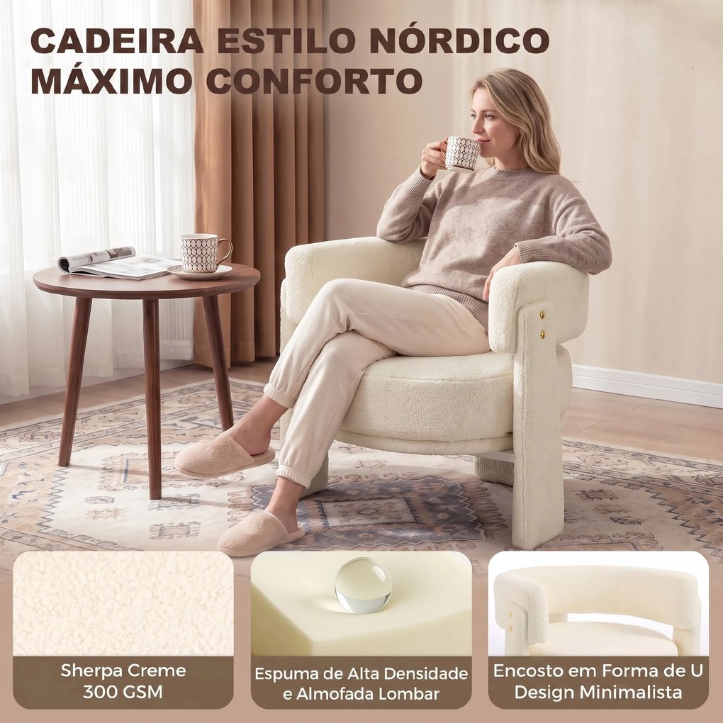 Poltrona em Tecido Bouclé com Almofada Lombar Assento Profundo Acolchoado e Braços Branco-Creme