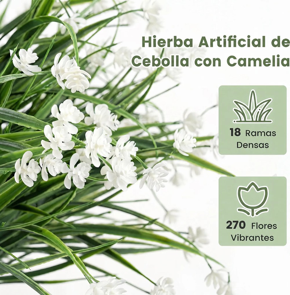 Conjunto de 2 Topiários de Erva-Cebola com Camélias (VASOS NÃO INCLUIDOS), 45 x 70 cm, Resistentes à Luz Solar, Verde