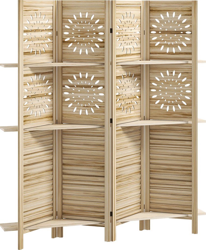 HOMCOM Biombo interior 4 painéis e 3 prateleiras, 160 x 170 cm, separador de ambiente dobrável, madeira de paulownia, madeira natural | Aosom Portugal
