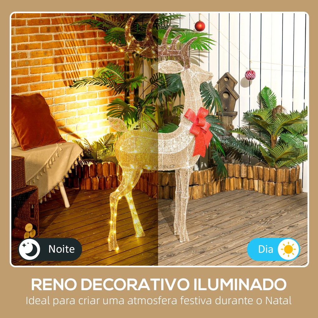 Reno Luminoso de Natal Decoração de Natal com 137 LEDs Branco Quente Iluminação Natalícia 66x25x135 cm Dourado