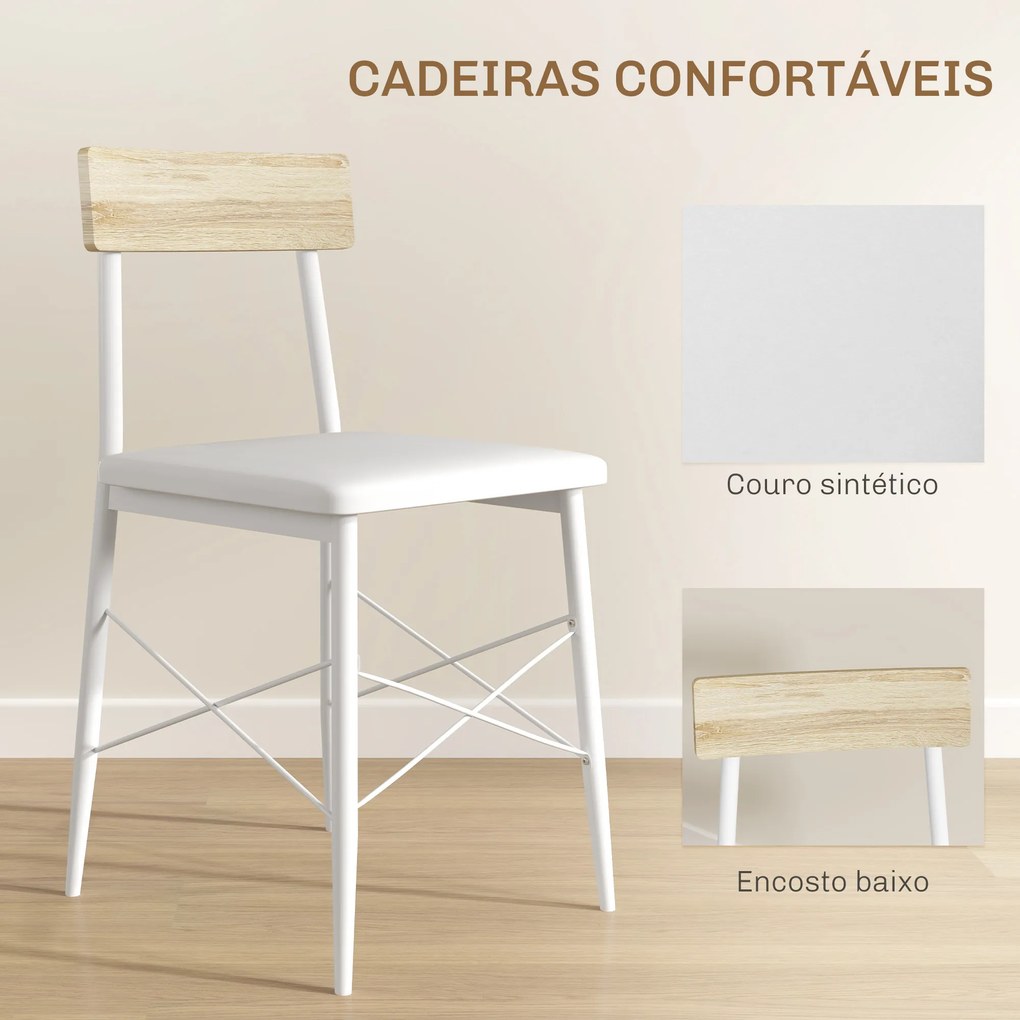 Conjunto de Refeição de 3 Peças Conjunto 1 Mesa 70x70x75 cm e 2 Cadeiras 40x50x80 cm com Prateleira de Armazenamento Branco e Madeira