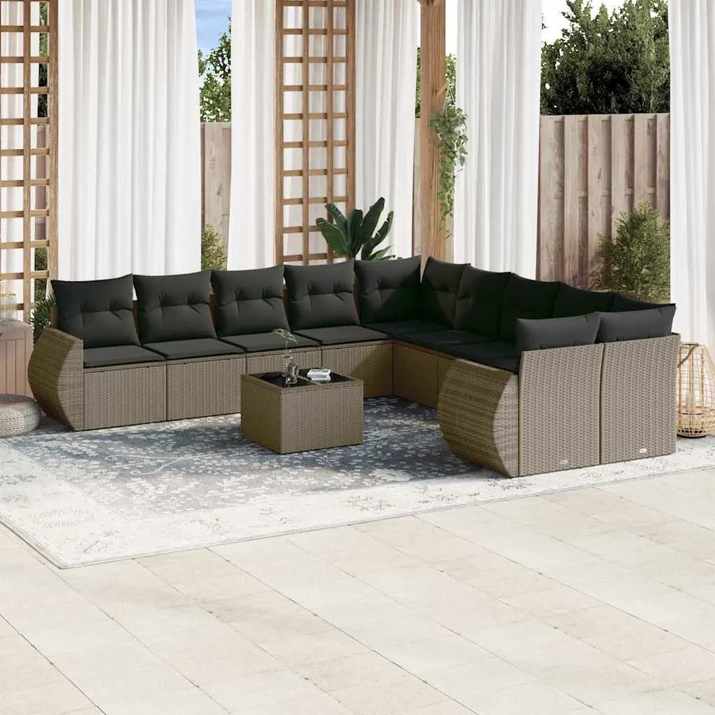 11 pcs conjunto sofás de jardim c/ almofadões vime PE cinzento