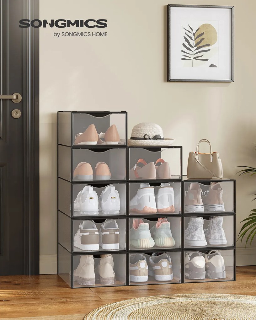 Conjunto de 12 caixas de plástico para sapatos até tamanho 43 transparente-preto