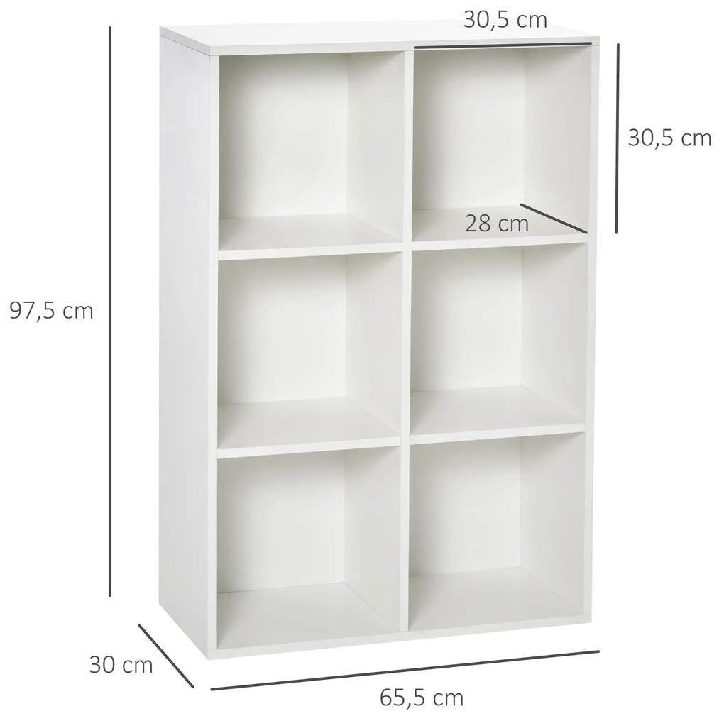 Estante para Livros Estante de Madeira de 3 Níveis com 6 Compartimentos de Armazenamento para Sala de Estar Dormitório Escritório 65,5x30x97,5cm Branc